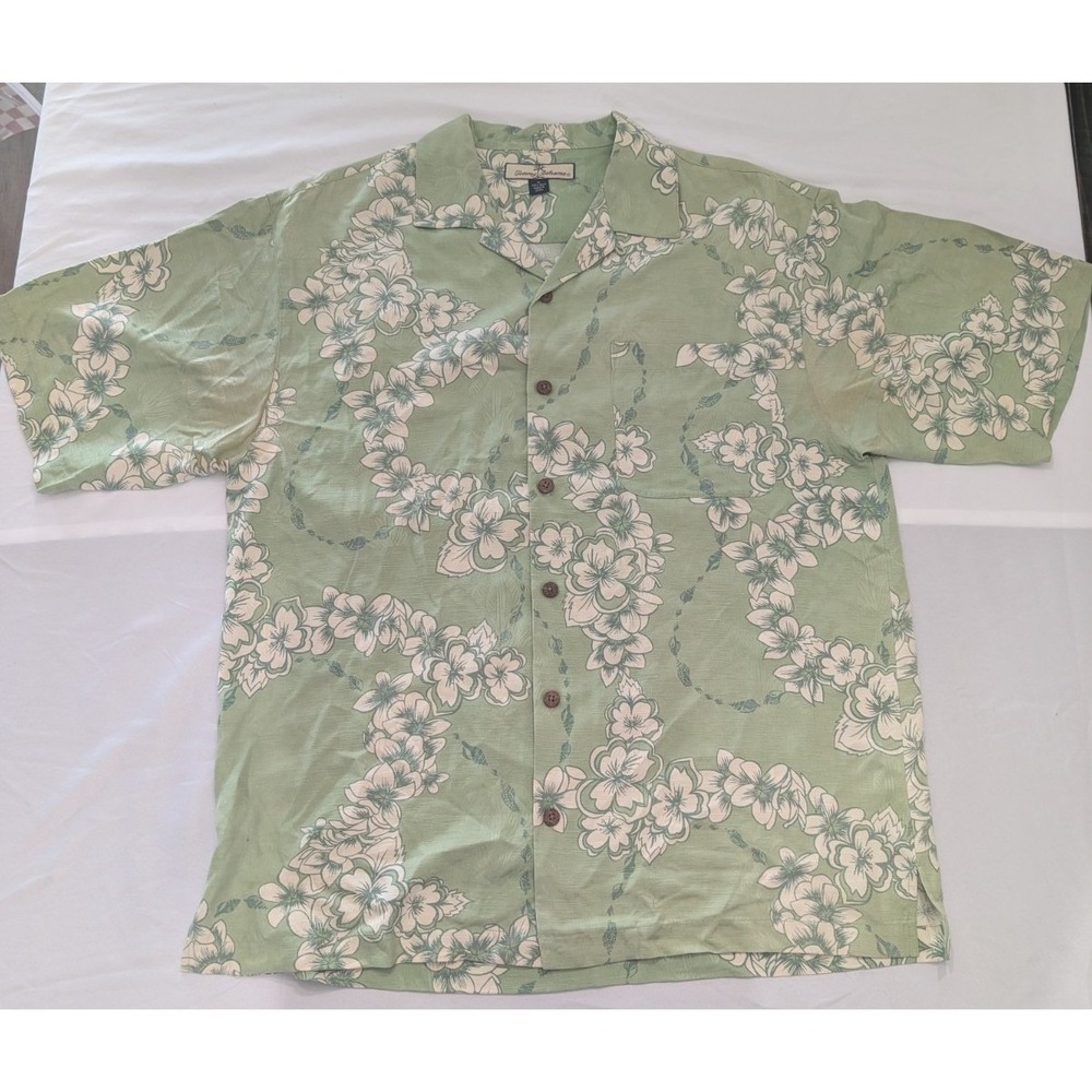 Tommy Bahama Button Down Shirt Mens Medium Green Silk Floral Lei Camp Collar